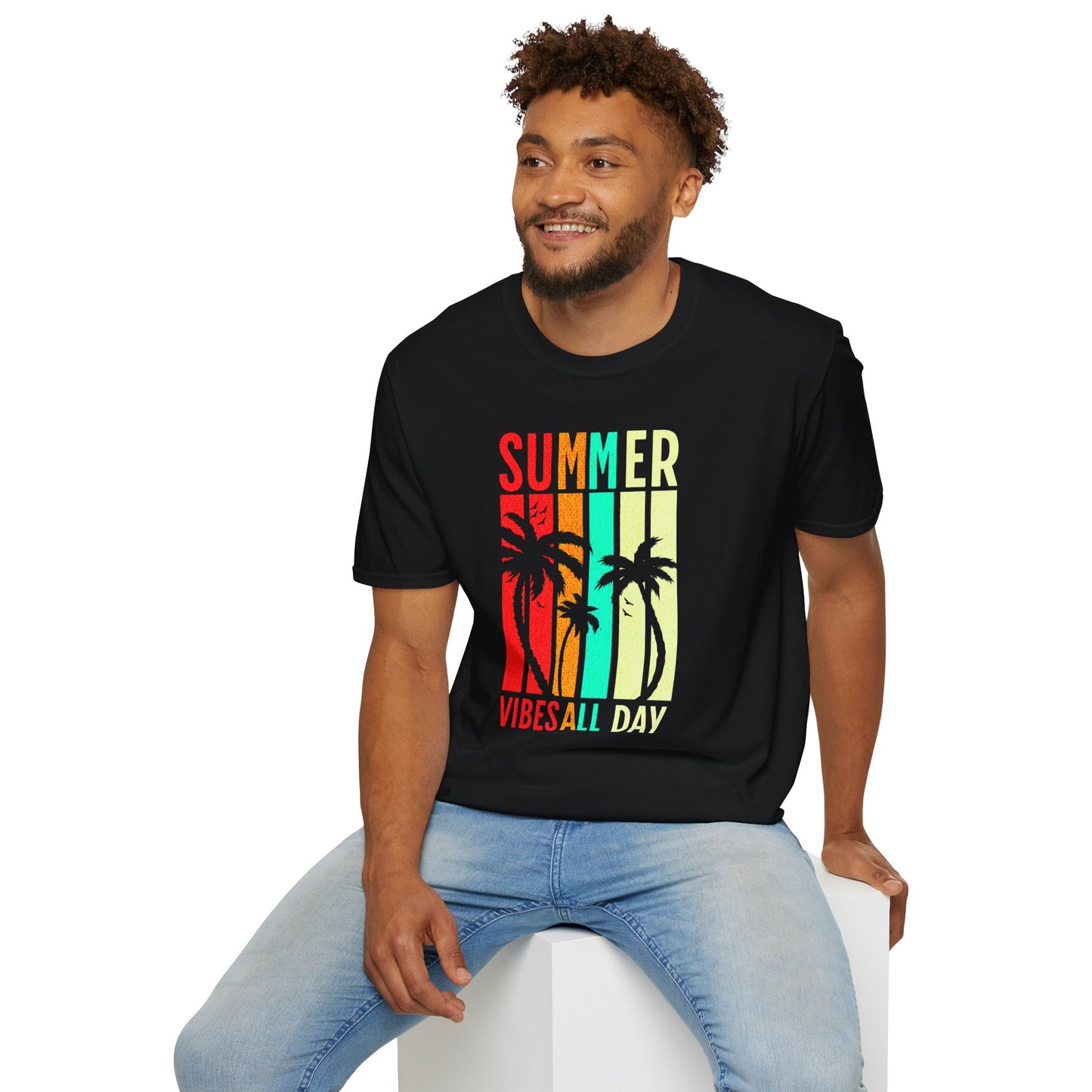 Summer Vibes All Day Unisex T-Shirt β Retro Sunset Palm Tree Graphic Tee for Beach, Vacay & Chill Days