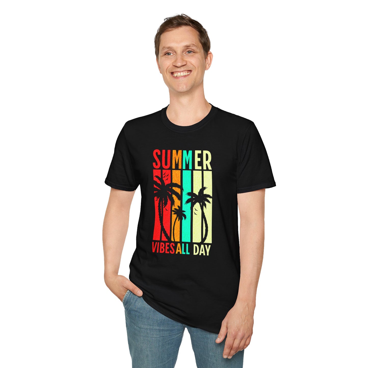 Summer Vibes All Day Unisex T-Shirt β Retro Sunset Palm Tree Graphic Tee for Beach, Vacay & Chill Days