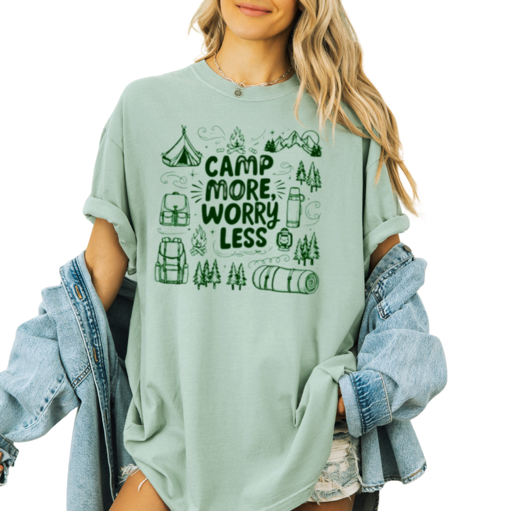 Camp More Worry Less Doodle Comfort Colors T-Shirt, Camping Tees, Camper Vibes T-Shirt, Trending Camping T-Shirt
