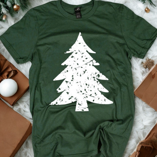 Forest Green short sleeve graphic tee with Vintage Christmas Tree