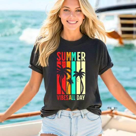 Summer Vibes All Day Unisex T-Shirt – Retro Sunset Palm Tree Graphic Tee for Beach, Vacay & Chill Days