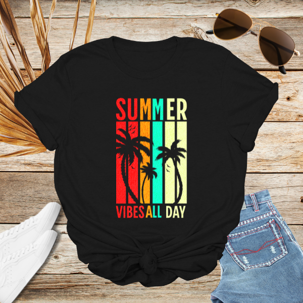 Summer Vibes All Day Unisex T-Shirt β Retro Sunset Palm Tree Graphic Tee for Beach, Vacay & Chill Days