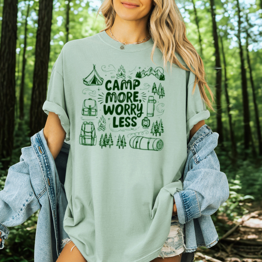 Camp More Worry Less Doodle Comfort Colors T-Shirt, Camping Tees, Camper Vibes T-Shirt, Trending Camping T-Shirt