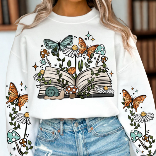 Book Lover Crew Neck Sweatshirt, Front Print and Sleeves Printed