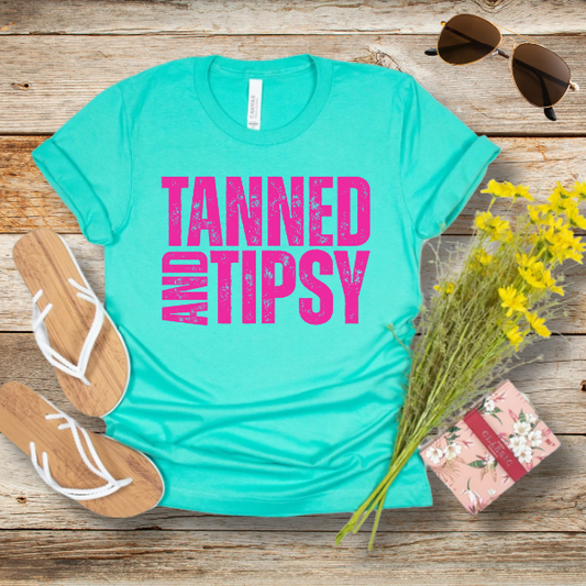 Tanned and Tipsy T-Shirt – Funny Summer Graphic Tee for Beach Days, Lake Life & Vacay Vibes