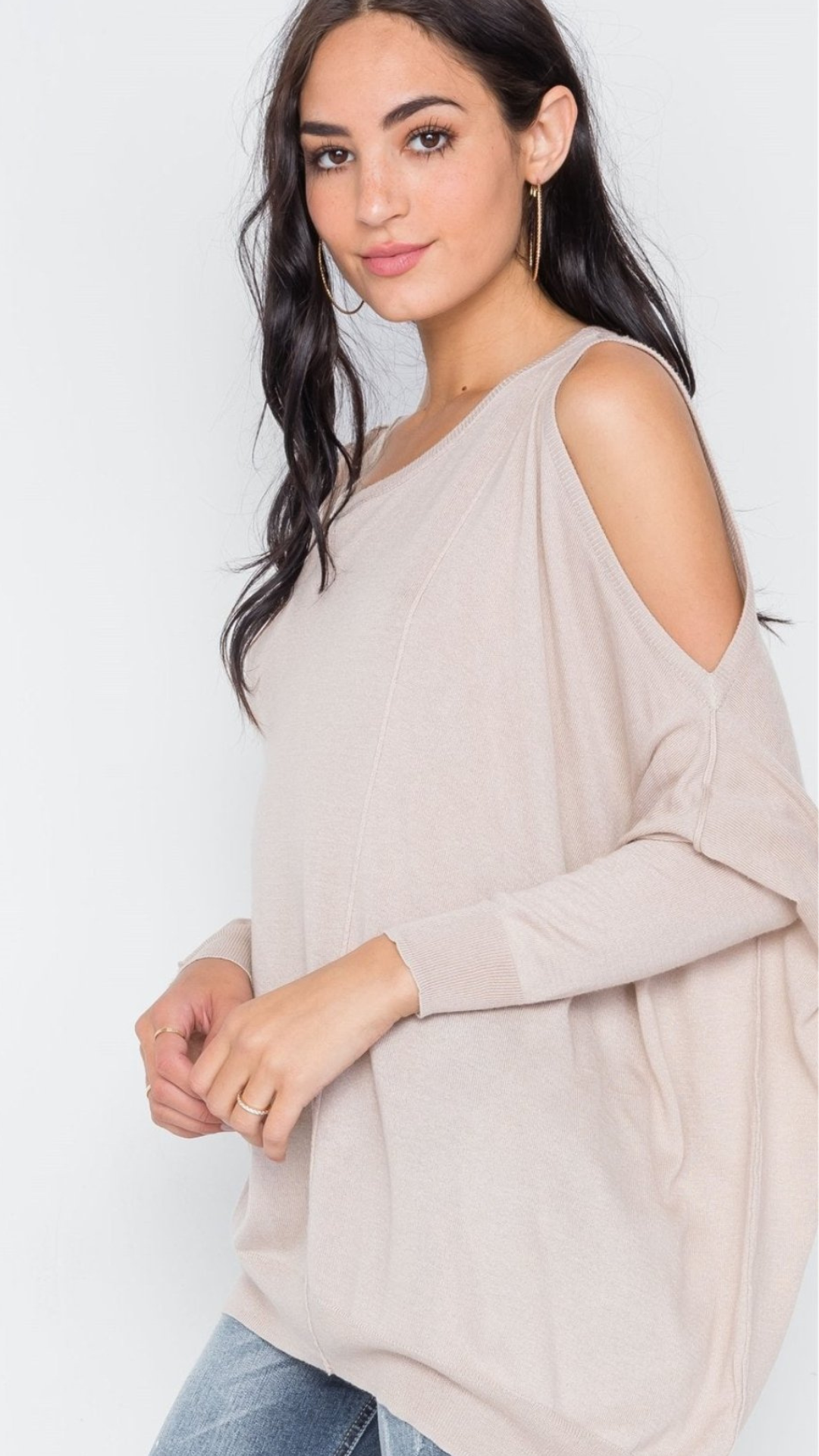 Almond Color Asymmetrical Hem Seamed Sweater