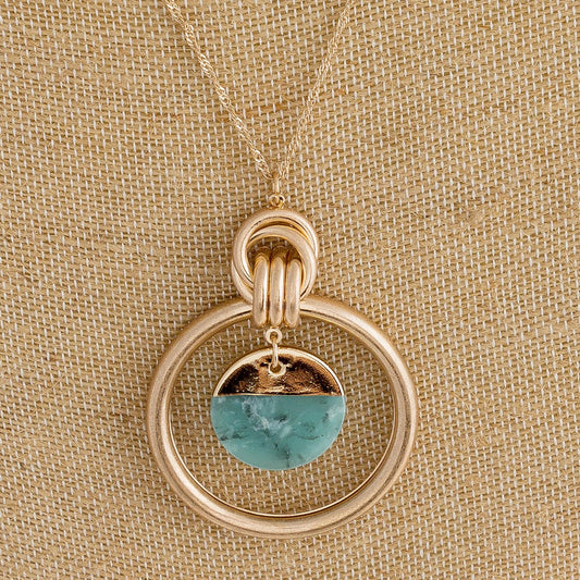 Amazonite Long Necklace with Circular Pendant And Natural Stone