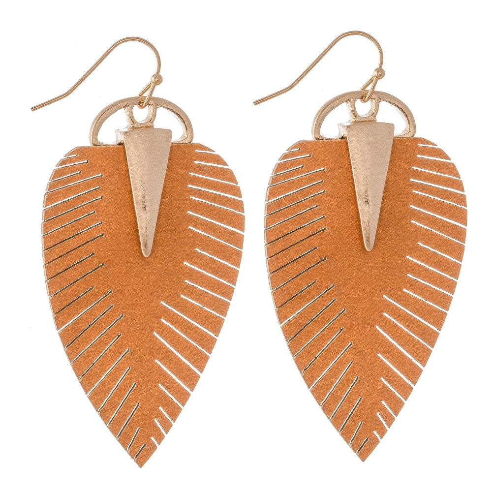 Peach Faux Leather Leaf Drop Earrings with Gold Accent