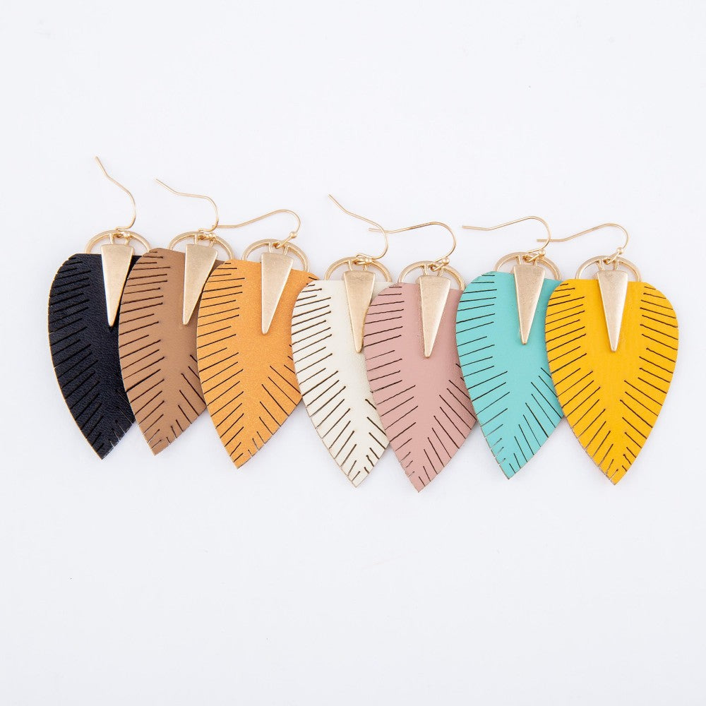 Peach Faux Leather Leaf Drop Earrings with Gold Accent