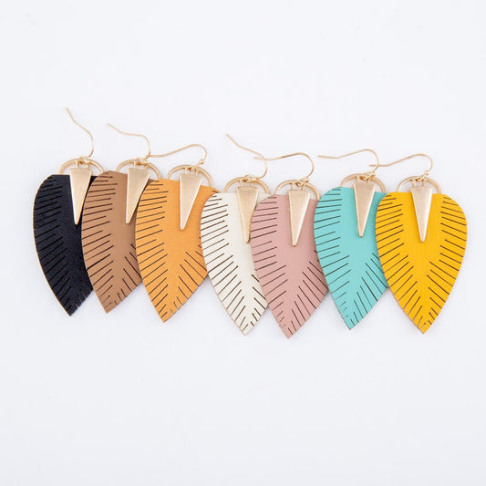 Peach Faux Leather Leaf Drop Earrings with Gold Accent