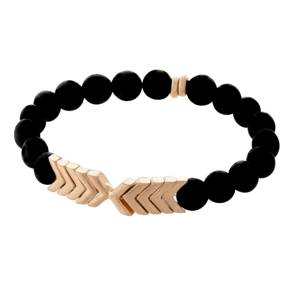 Black Semi Precious Natural Stone Beaded Arrow Stretch Bracelet