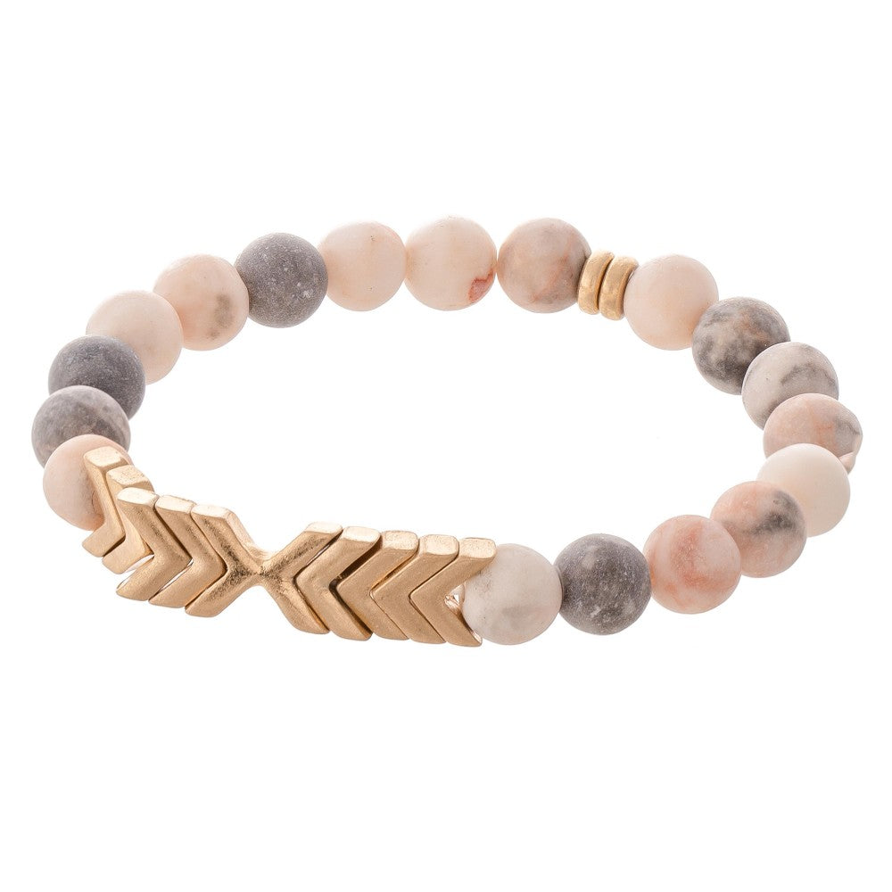 Peach Semi Precious Natural Stone Beaded Arrow Stretch Bracelet