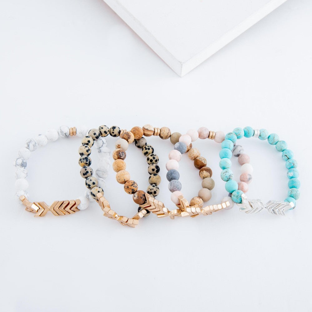 Peach Semi Precious Natural Stone Beaded Arrow Stretch Bracelet