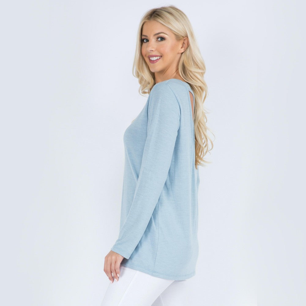 Slate Blue Heather Knit Long Sleeve Racerback Relaxed Fit Top
