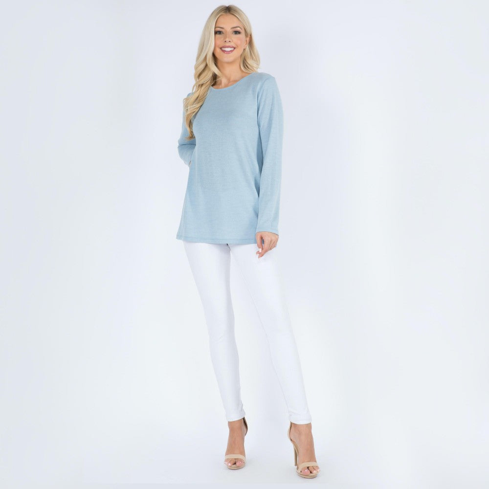 Slate Blue Heather Knit Long Sleeve Racerback Relaxed Fit Top