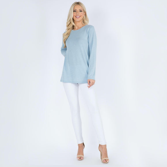 Slate Blue Heather Knit Long Sleeve Racerback Relaxed Fit Top