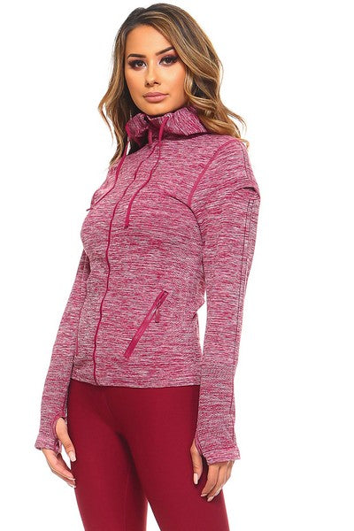 Wine Red seamless marbled knit athletic  zip jacket with hood