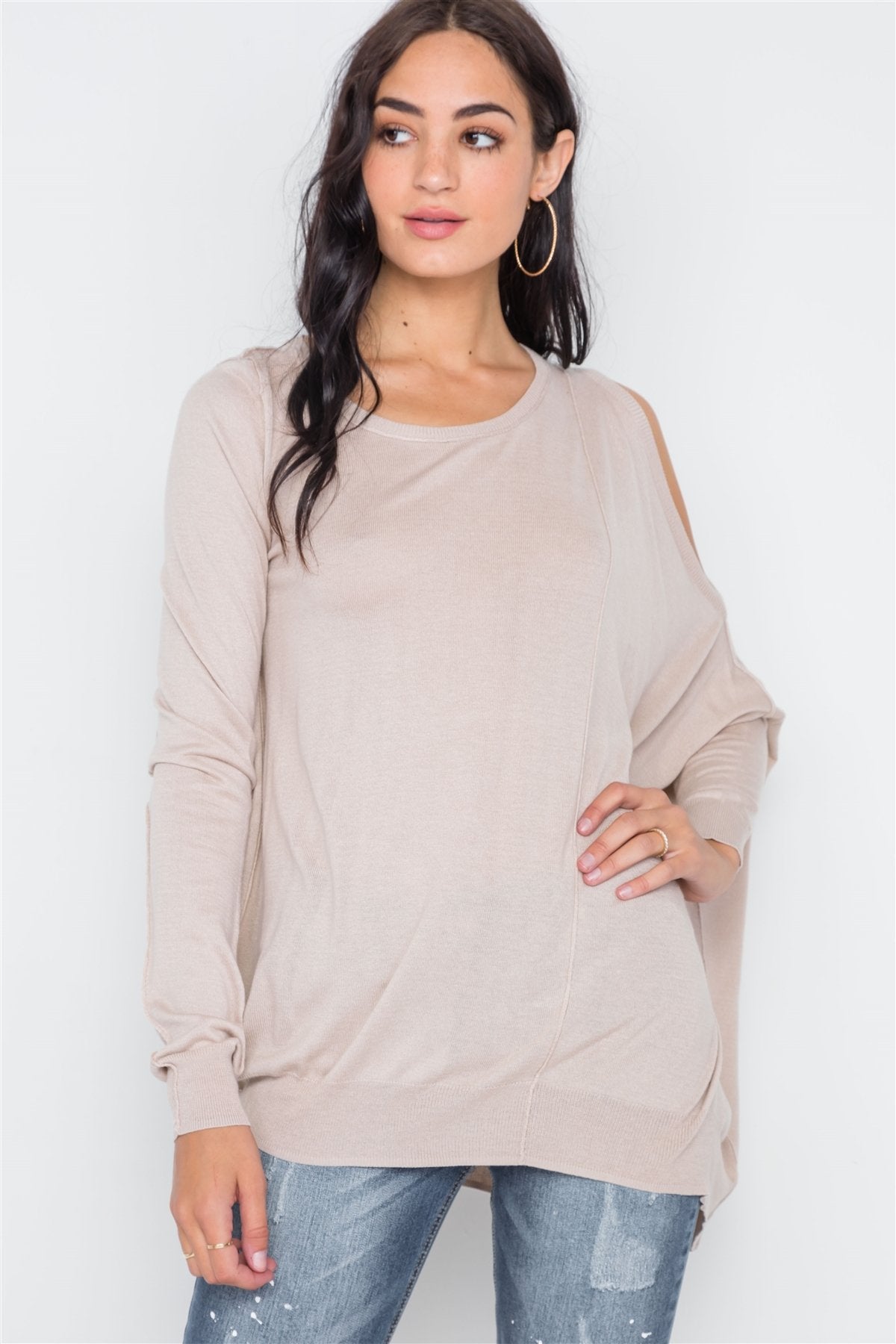 Almond Color Asymmetrical Hem Seamed Sweater