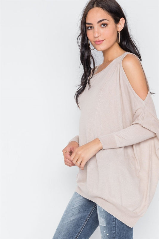 Almond Color Asymmetrical Hem Seamed Sweater