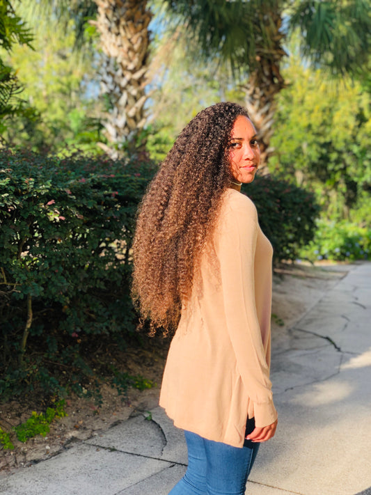 Sand Taupe Knit v-neck casual solid long sleeve sweater