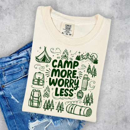 Camp More Worry Less Doodle Comfort Colors T-Shirt, Camping Tees, Camper Vibes T-Shirt, Trending Camping T-Shirt
