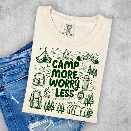Camp More Worry Less Doodle Comfort Colors T-Shirt, Camping Tees, Camper Vibes T-Shirt, Trending Camping T-Shirt