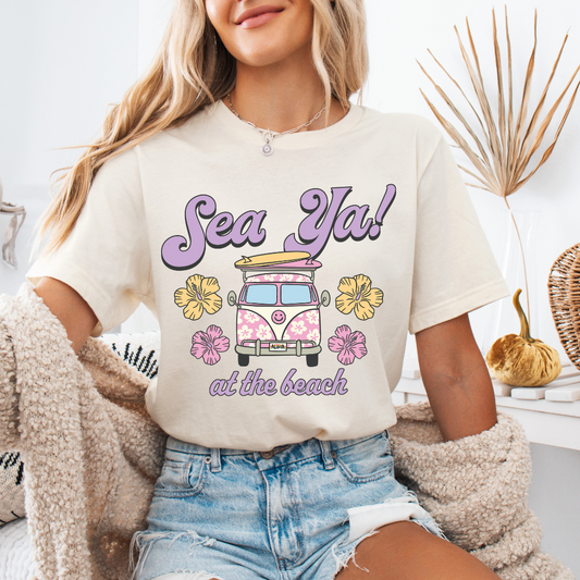 Sea Ya at the Beach! 🌺 Short Sleeve, womens graphic t-shirt