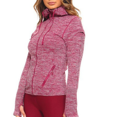 Wine Red seamless marbled knit athletic  zip jacket with hood