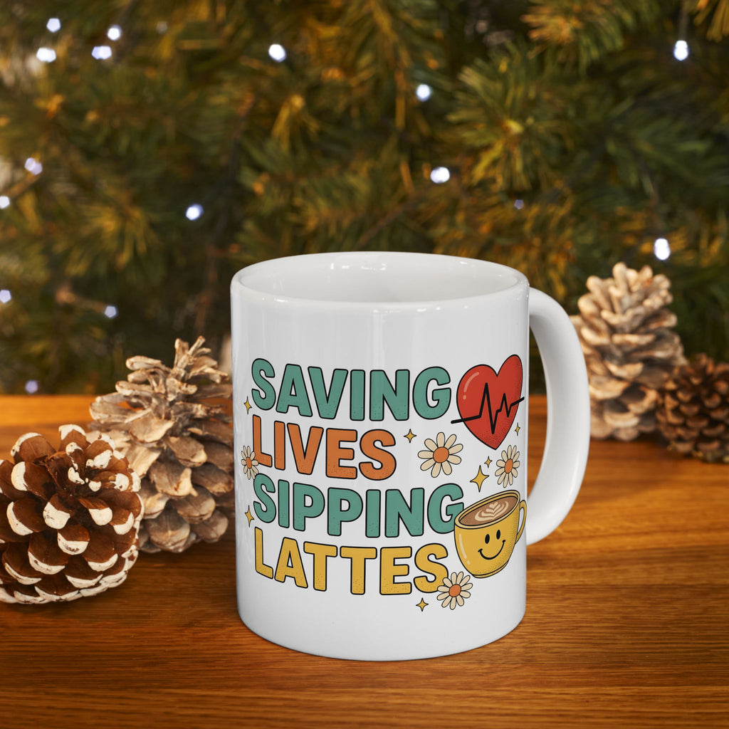 Saving Lives Sipping Lattes Mug | Coffee Nurse Medical Heartbeat Design | Gift for Nurses | Nurse Coffee Mug