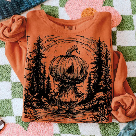 Pumpkin Horror Halloween Comfort Colors Long Sleeve Tee, Scary Halloween long sleeve t-shirt, Halloween t-shirt, Horror Pumpkin