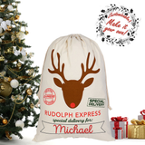 Personalized Santa Gift Bag Rudolph Express, Customized Christmas Gift Bag