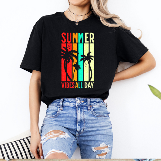 Summer Vibes All Day Unisex T-Shirt – Retro Sunset Palm Tree Graphic Tee for Beach, Vacay & Chill Days