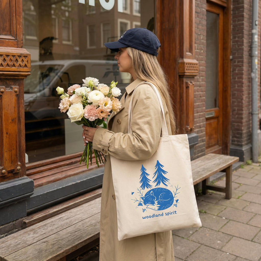 Woodland Spirit Cotton Tote Bag Sleeping Fox and Pine Trees Eco Shopper