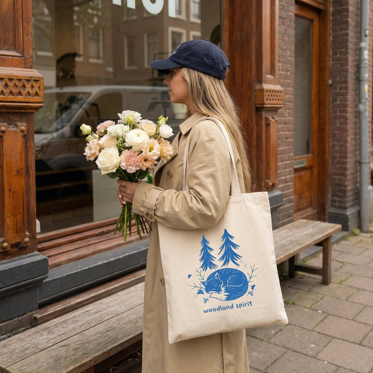 Woodland Spirit Cotton Tote Bag Sleeping Fox and Pine Trees Eco Shopper