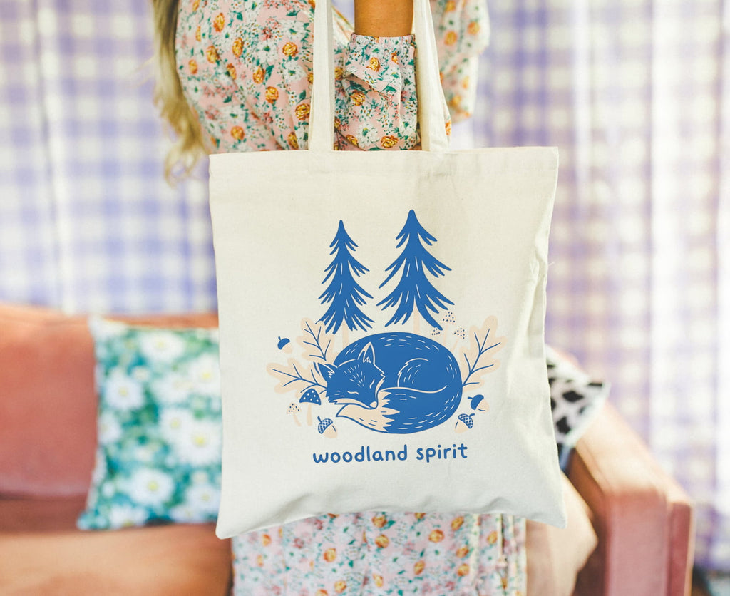 Woodland Spirit Cotton Tote Bag Sleeping Fox and Pine Trees Eco Shopper