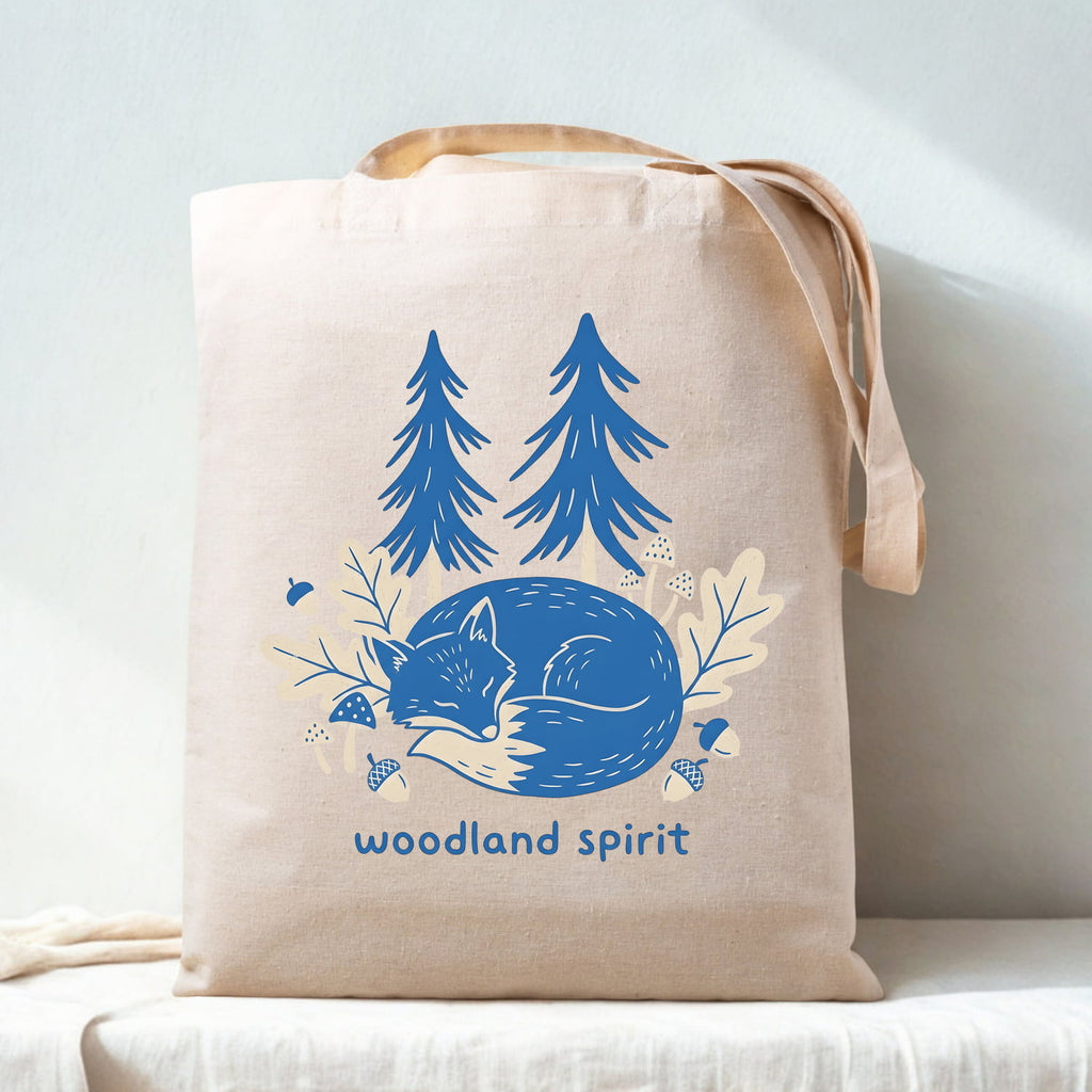 Woodland Spirit Cotton Tote Bag Sleeping Fox and Pine Trees Eco Shopper
