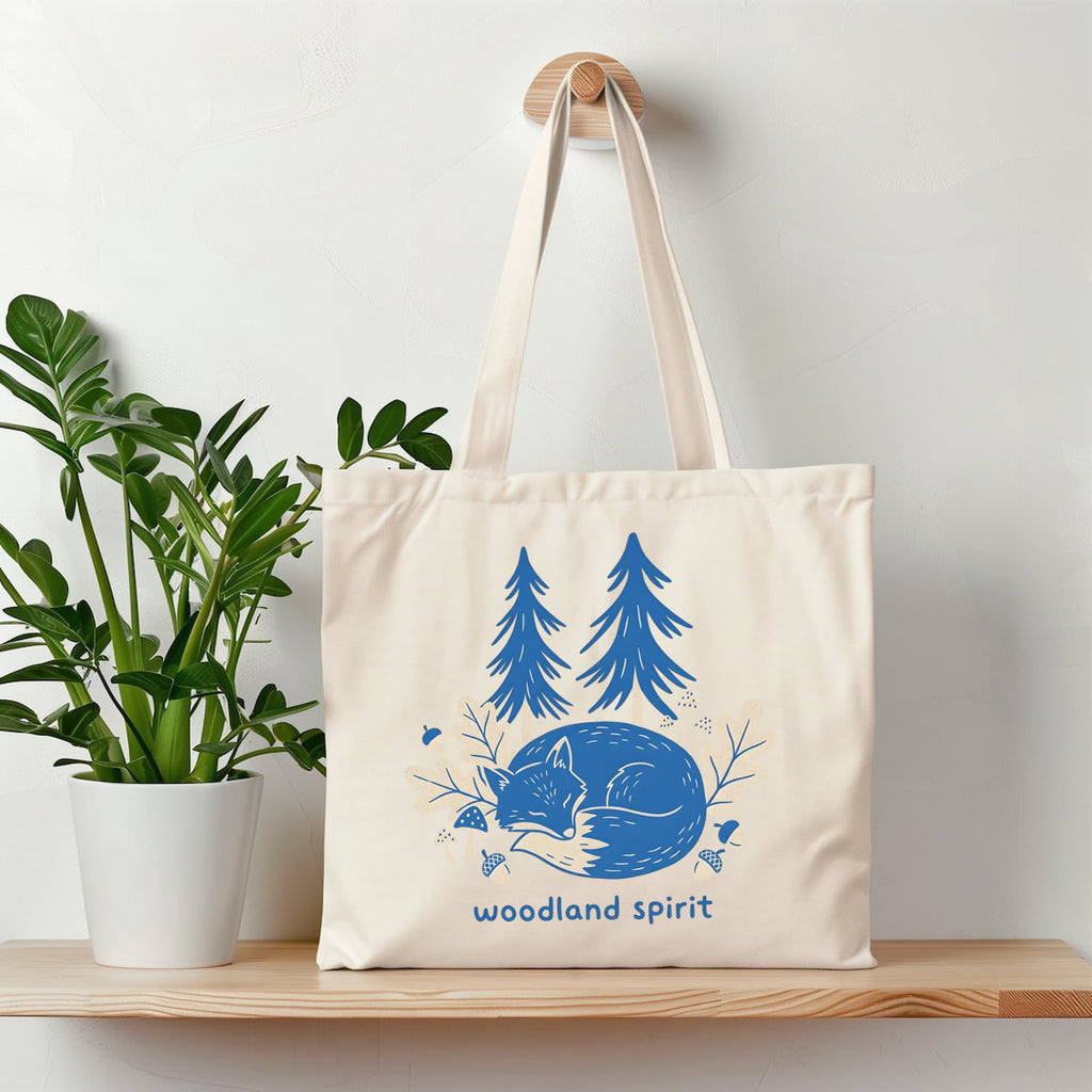 Woodland Spirit Cotton Tote Bag Sleeping Fox and Pine Trees Eco Shopper