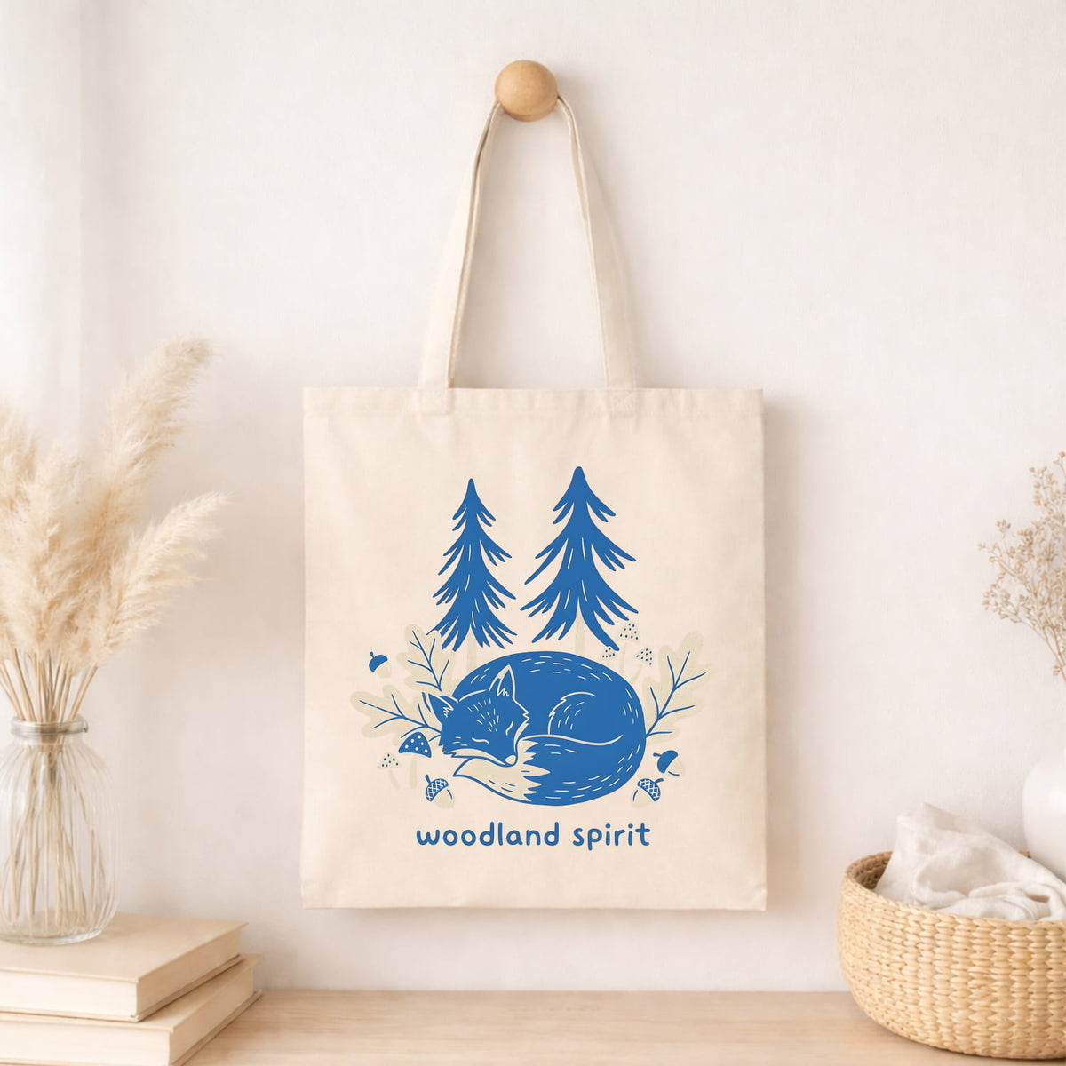 Woodland Spirit Cotton Tote Bag Sleeping Fox and Pine Trees Eco Shopper