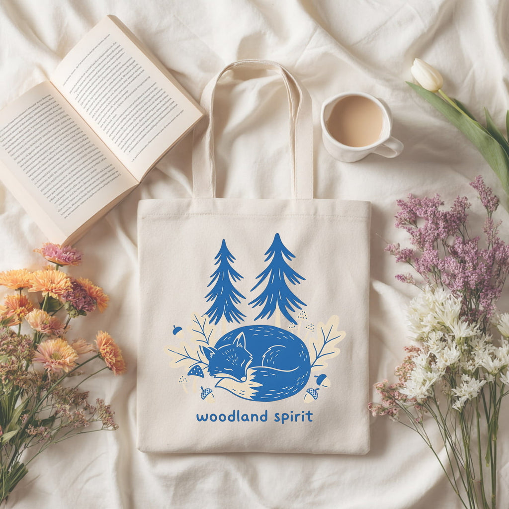 Woodland Spirit Cotton Tote Bag Sleeping Fox and Pine Trees Eco Shopper