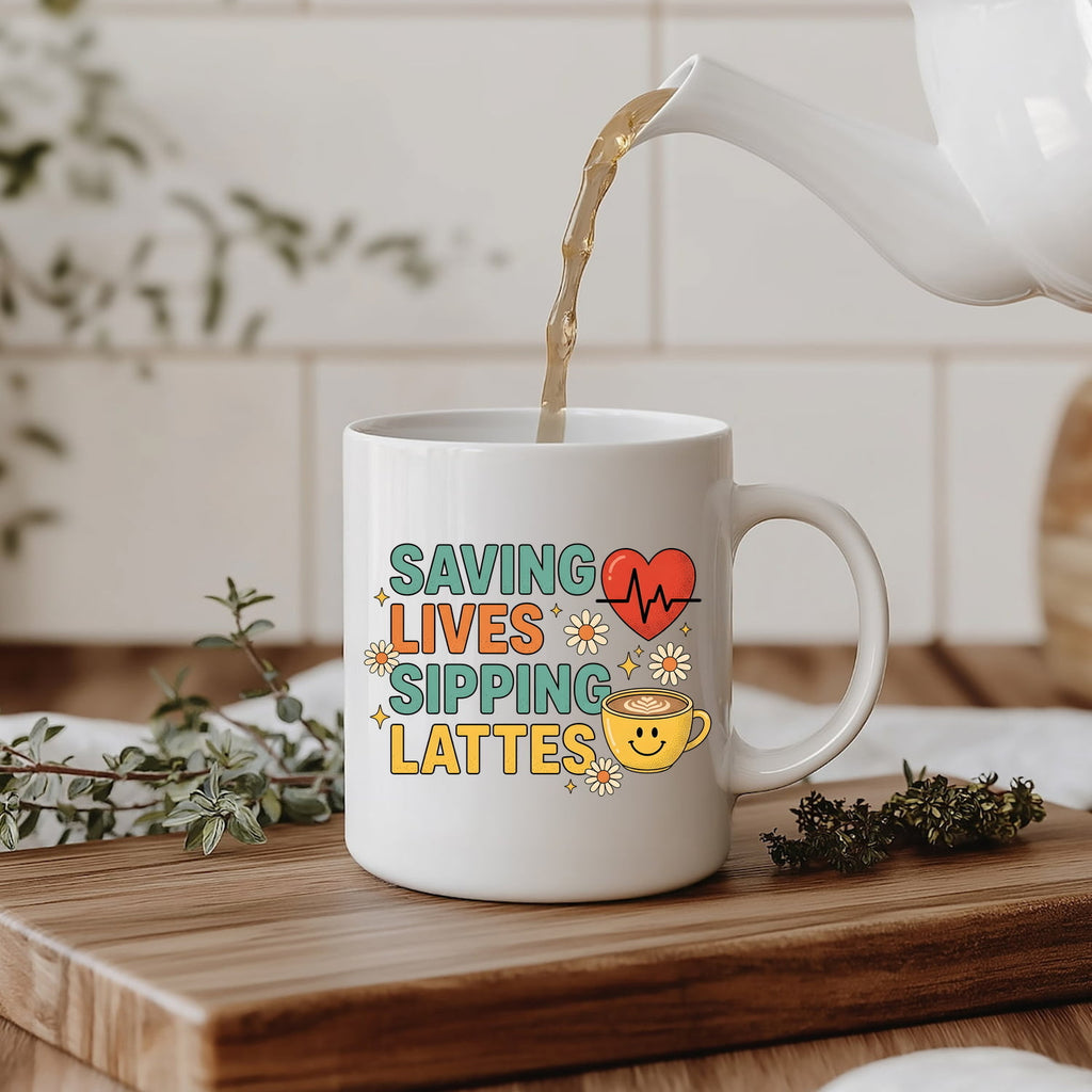 Saving Lives Sipping Lattes Mug | Coffee Nurse Medical Heartbeat Design | Gift for Nurses | Nurse Coffee Mug