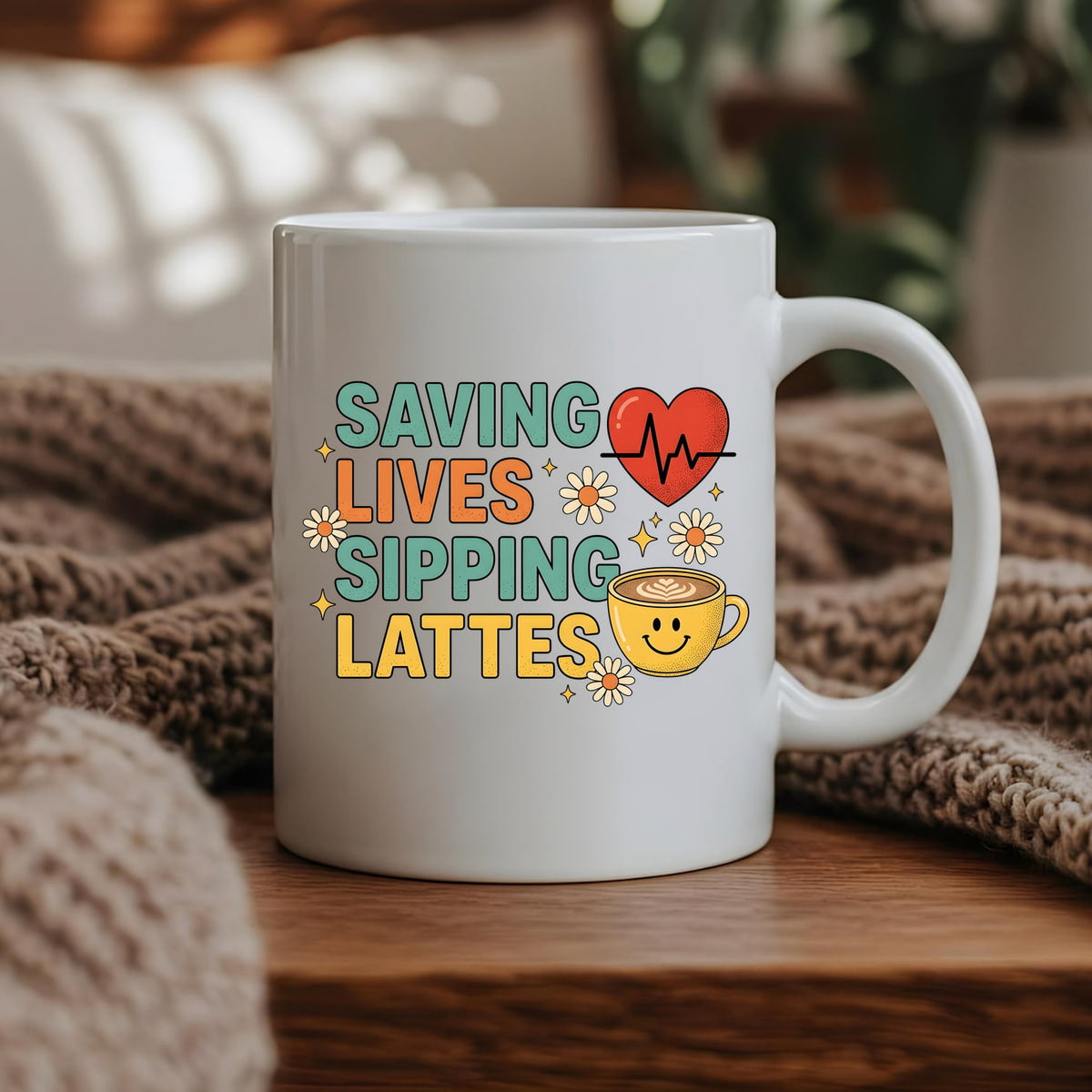 Saving Lives Sipping Lattes Mug | Coffee Nurse Medical Heartbeat Design | Gift for Nurses | Nurse Coffee Mug