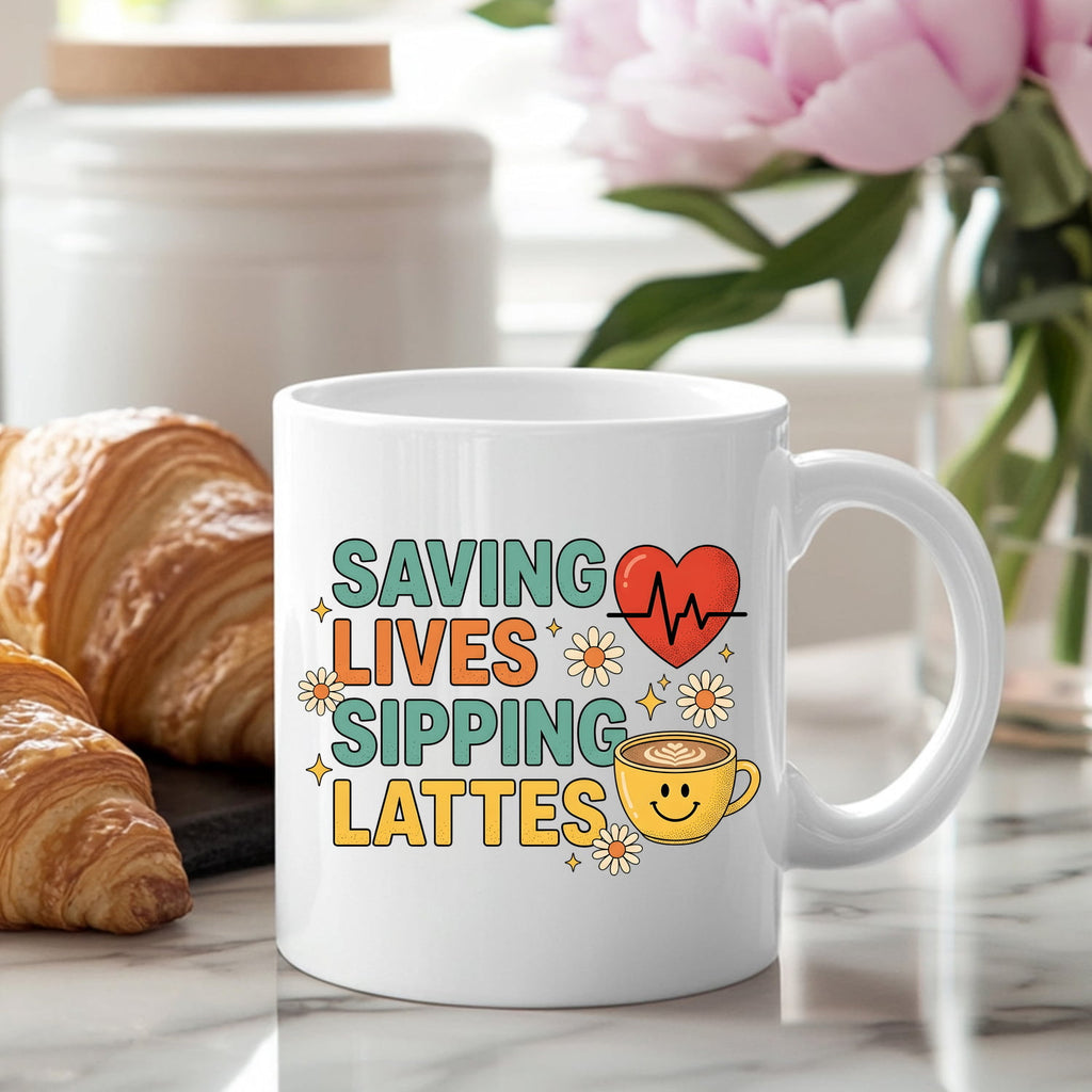 Saving Lives Sipping Lattes Mug | Coffee Nurse Medical Heartbeat Design | Gift for Nurses | Nurse Coffee Mug
