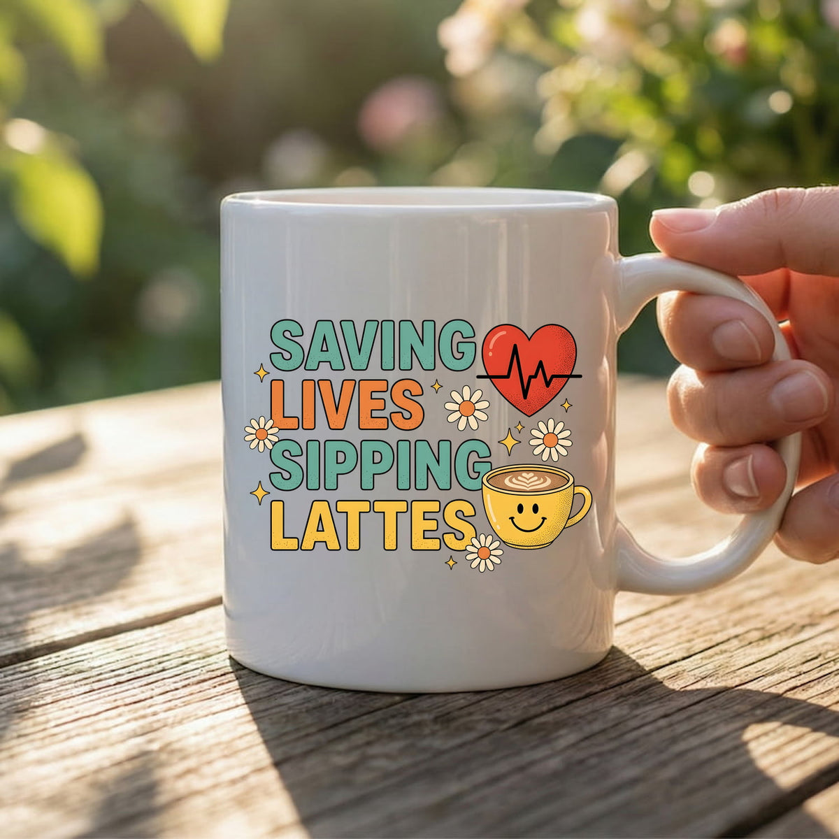 Saving Lives Sipping Lattes Mug | Coffee Nurse Medical Heartbeat Design | Gift for Nurses | Nurse Coffee Mug