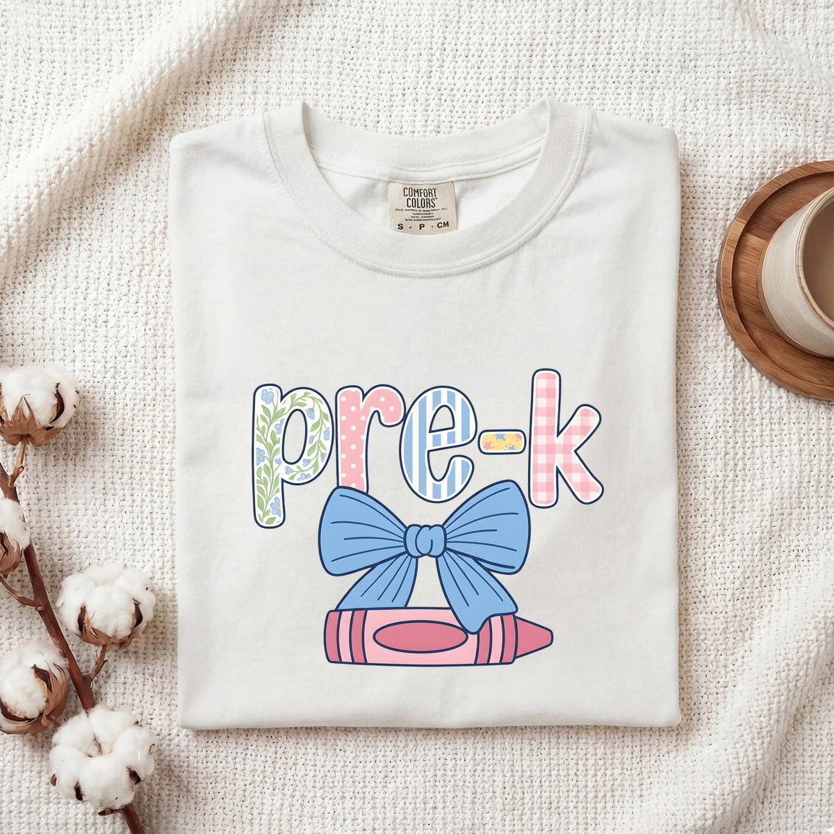 Color Crayon Bow Comfort Colors Cotton T-Shirt | Pre-K Teachers Gift For Women