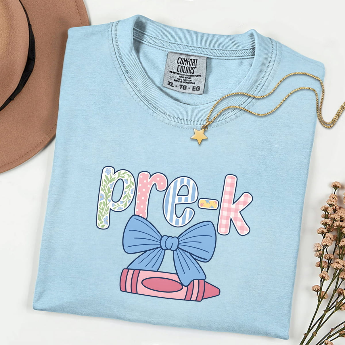 Color Crayon Bow Comfort Colors Cotton T-Shirt | Pre-K Teachers Gift For Women