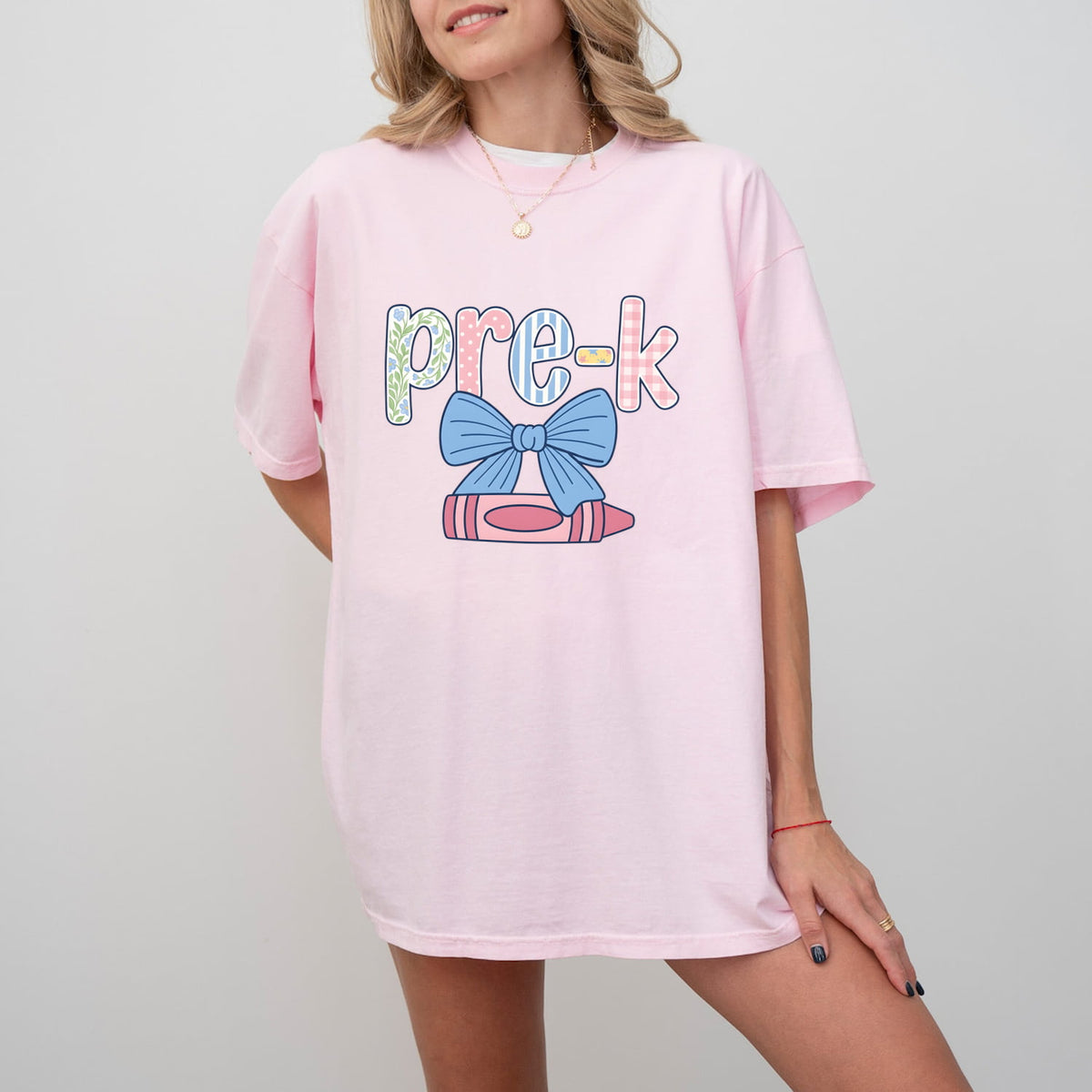 Color Crayon Bow Comfort Colors Cotton T-Shirt | Pre-K Teachers Gift For Women