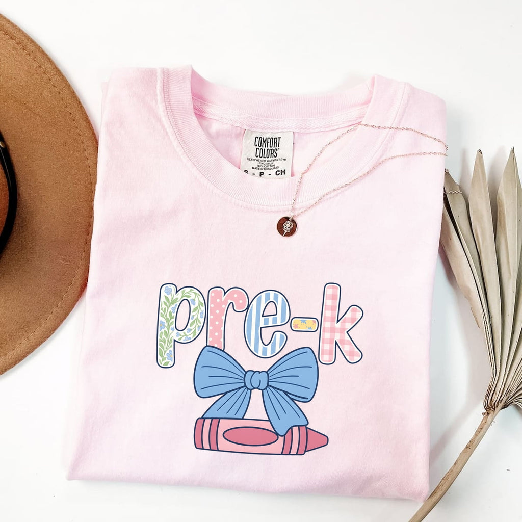 Color Crayon Bow Comfort Colors Cotton T-Shirt | Pre-K Teachers Gift For Women