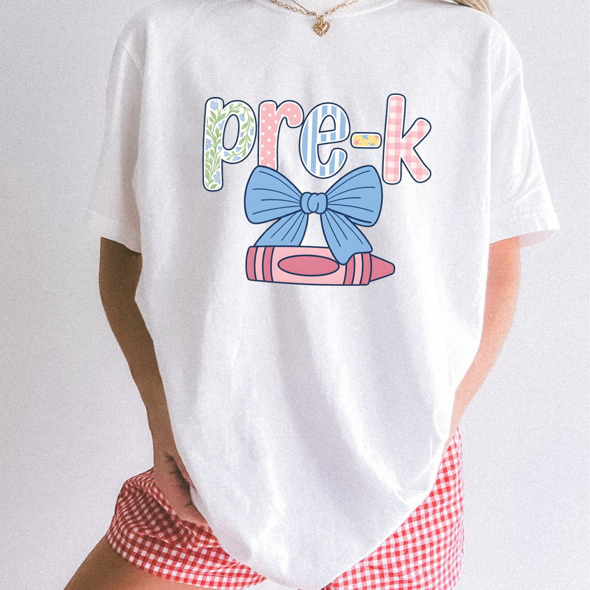Color Crayon Bow Comfort Colors Cotton T-Shirt | Pre-K Teachers Gift For Women