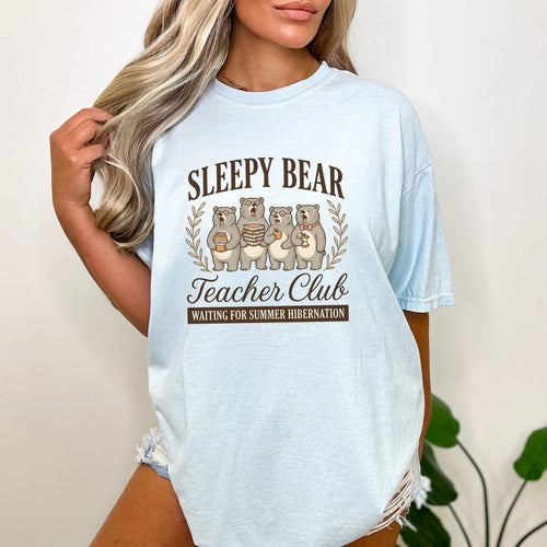 Sleepy Bear Teacher Club Text with an Iage of 4 Yawning Bears, and a humorous statement Waiting for Summer  Hibernation. The image shows the light blue Chambray color. 