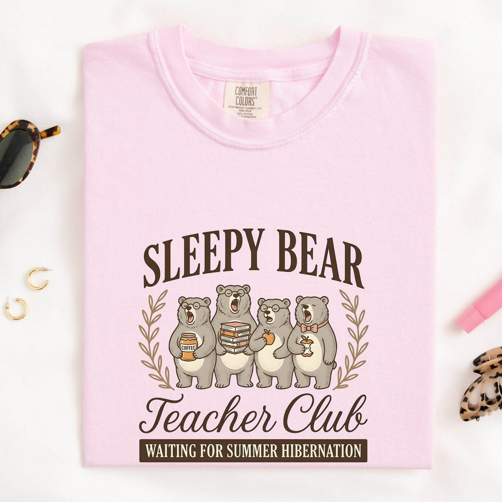 Sleepy Bear Teacher Club Text with an Iage of 4 Yawning Bears, and a humorous statement Waiting for Summer  Hibernation. The image shows the light pink blosson color. 